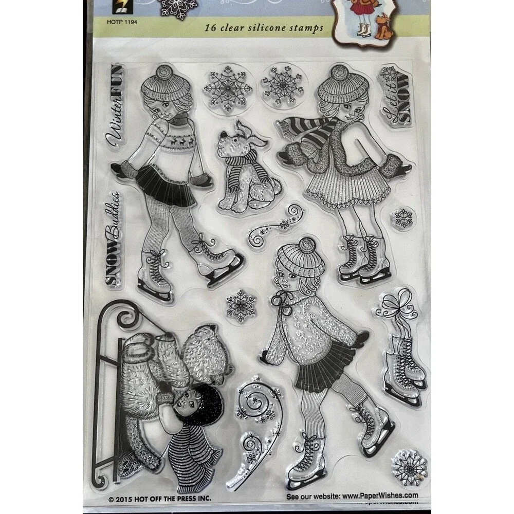 Hot Off the Press ICE SKATERS Skating Little Girl Christmas Dog Rubber Stamps